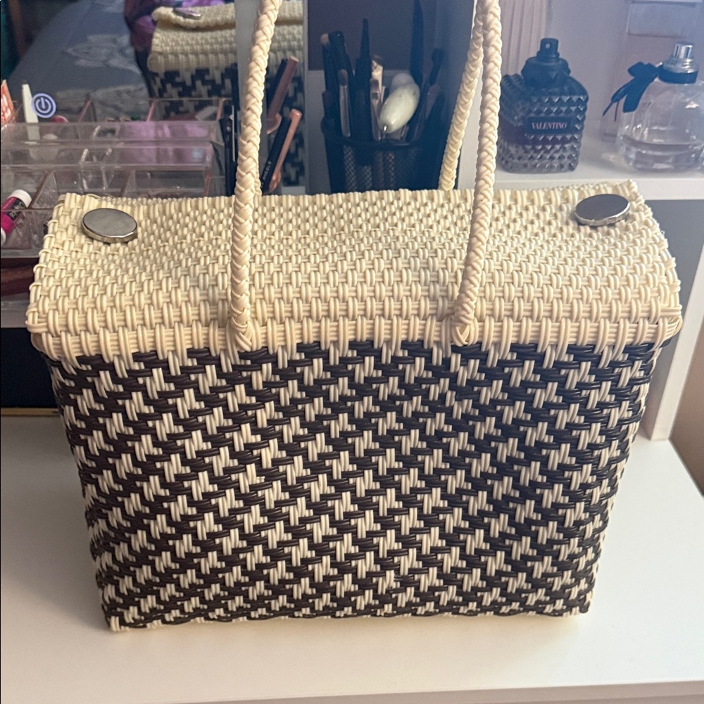 Woven Black and Cream Tote Bag